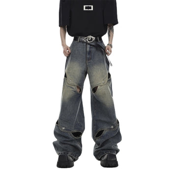 Wide Leg Jeans Pants Men Streetwear Baggy Distressed Denim Trousers Male Oversize Hollow Out Casual Korean Hip Hop aidase-shop